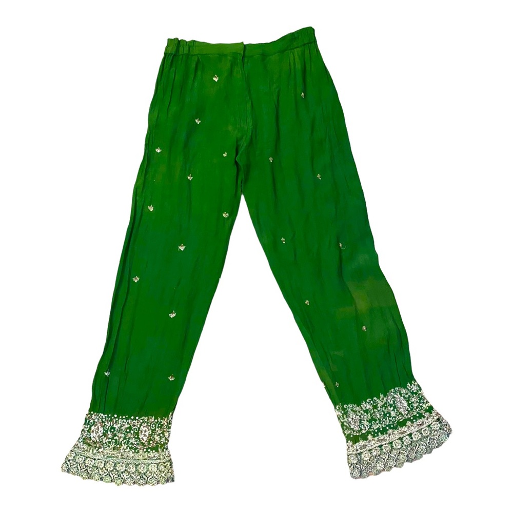 Hand beaded Green Pants With Crystal and lace embellishments